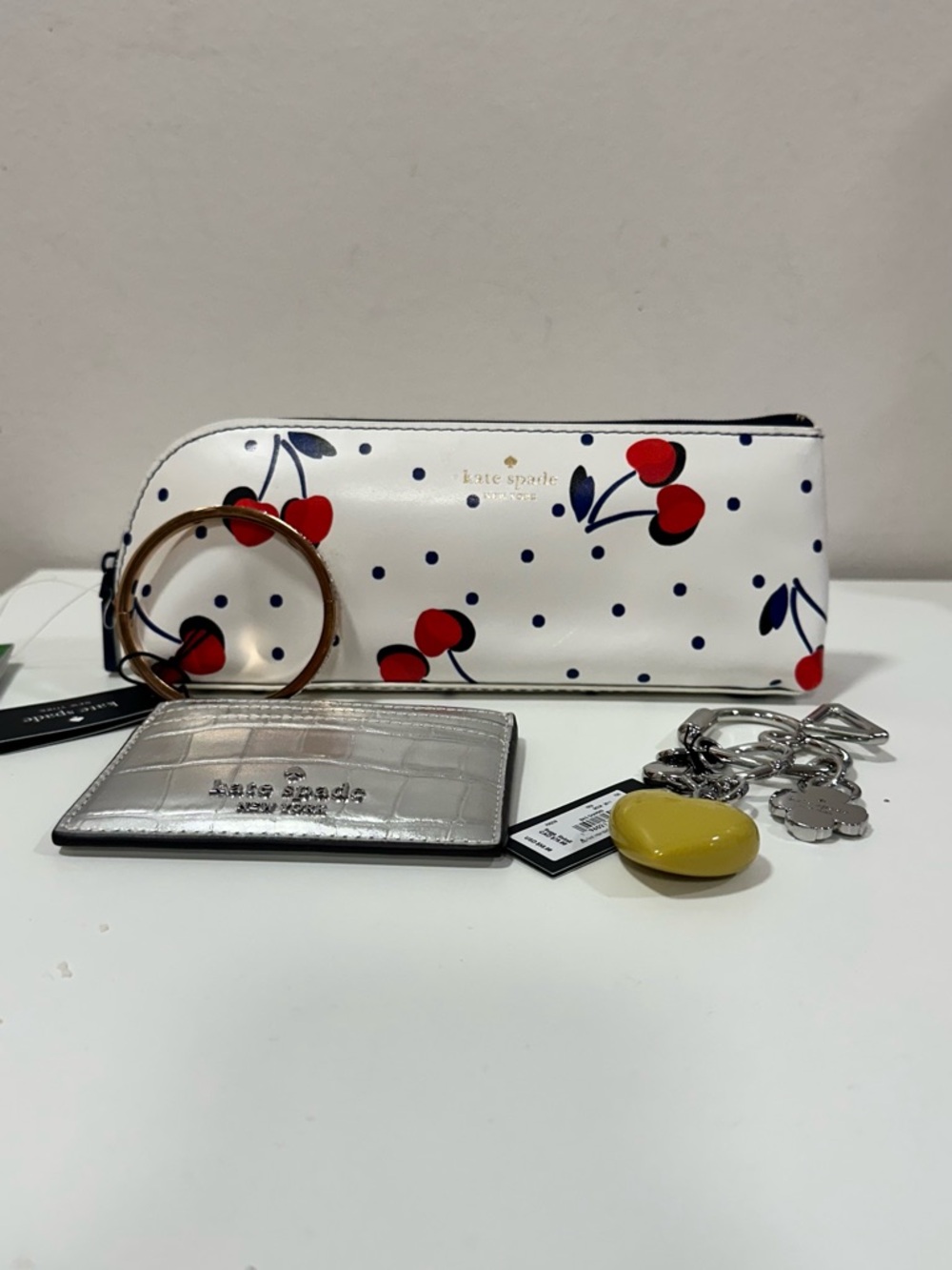 kate spade Gold Crystal-Trim Bangle Keyring with Cherry Print makeup bag set